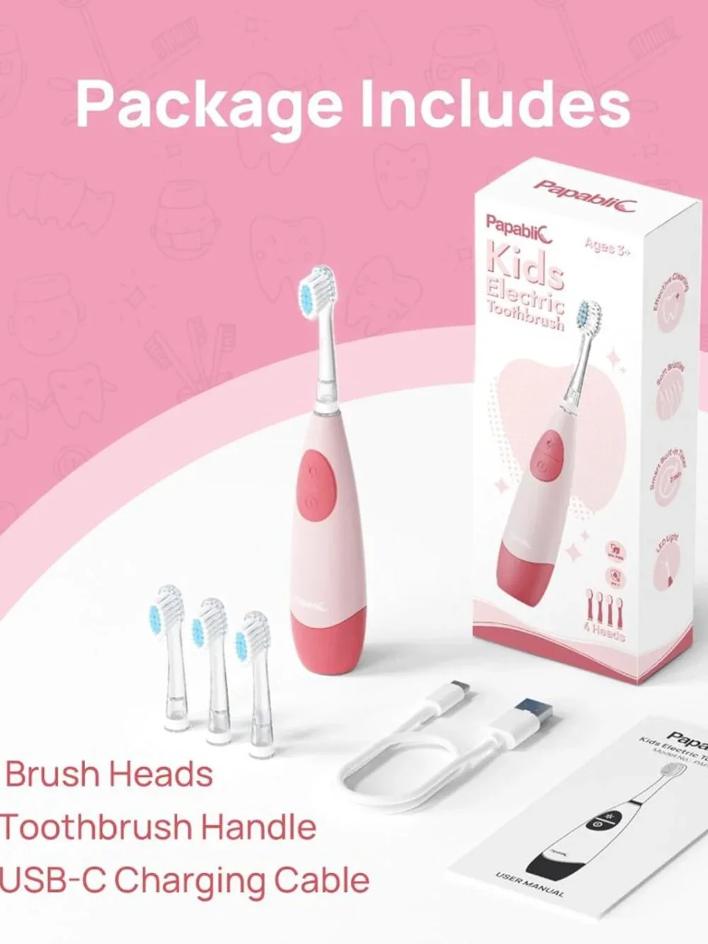 Kids Electric Toothbrush Ages 4+ Children USB Rechargeable Timer 4 Heads NEW